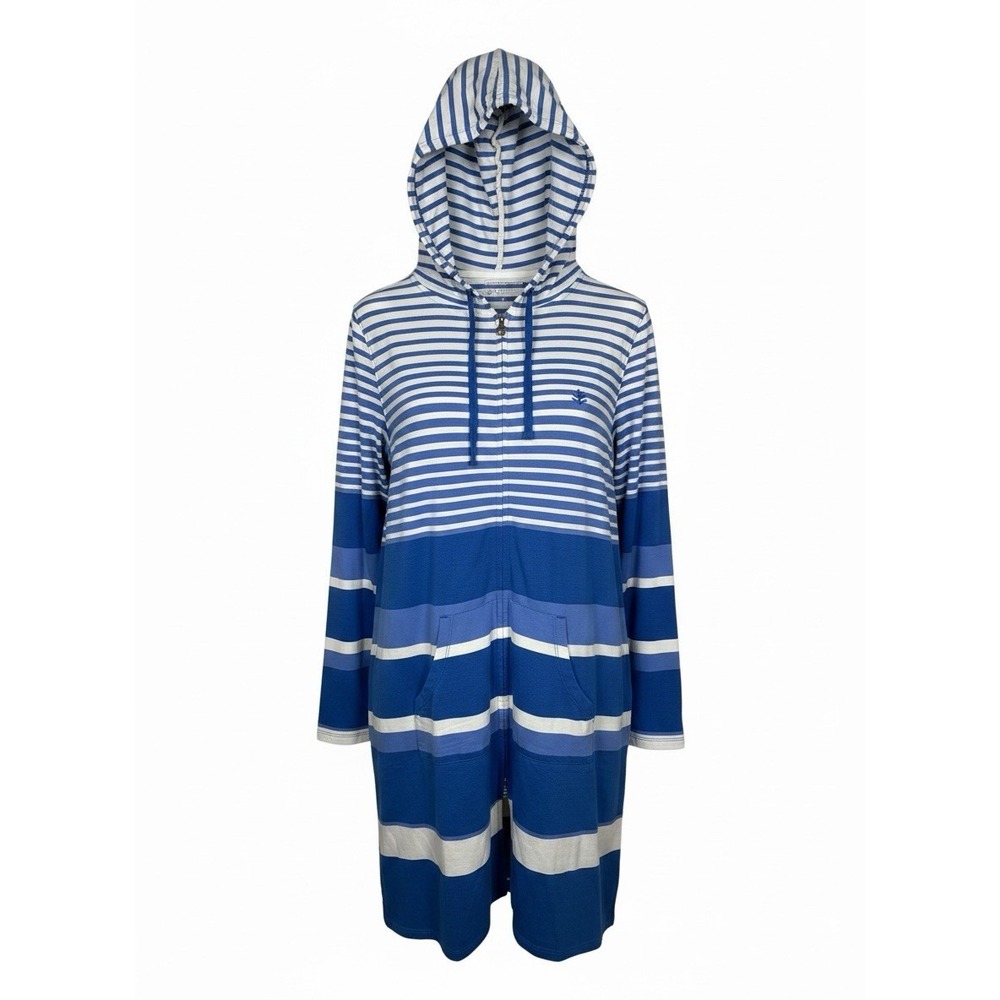 COOLIBAR Medium Blue Striped Cabana Full Zip Cover Up Hoodie UPF 50
